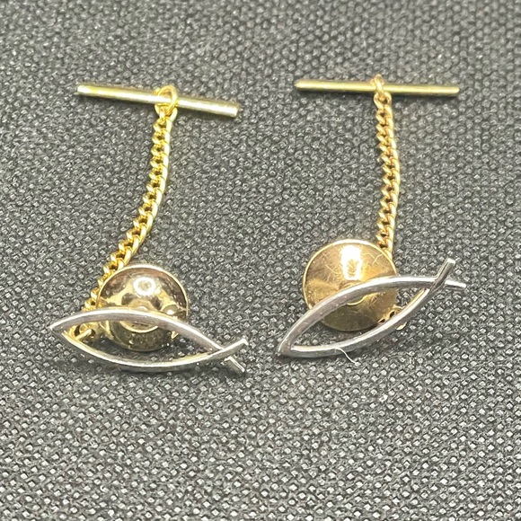 Set of 2 Religious Jesus Fish Ichthys Duo-Tone Tie Tack. Vintage Lapel Pin - Picture 1 of 5